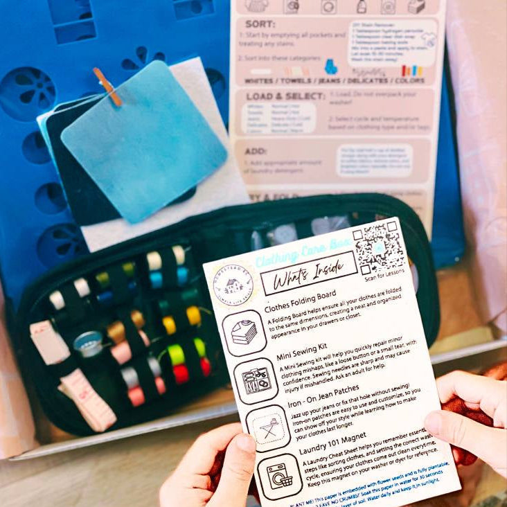 folding board, jean patches, magnet, sewing kit, child looking at whats inside flyer.