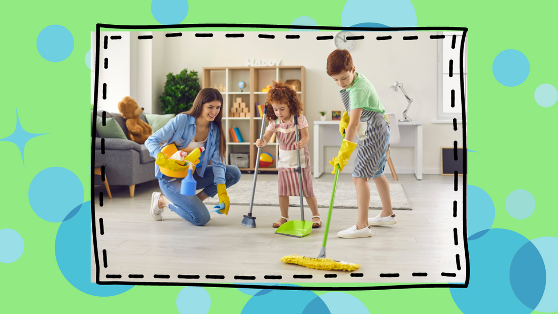 Mom and two kids cleaning floors