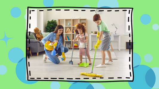 Mom and two kids cleaning floors